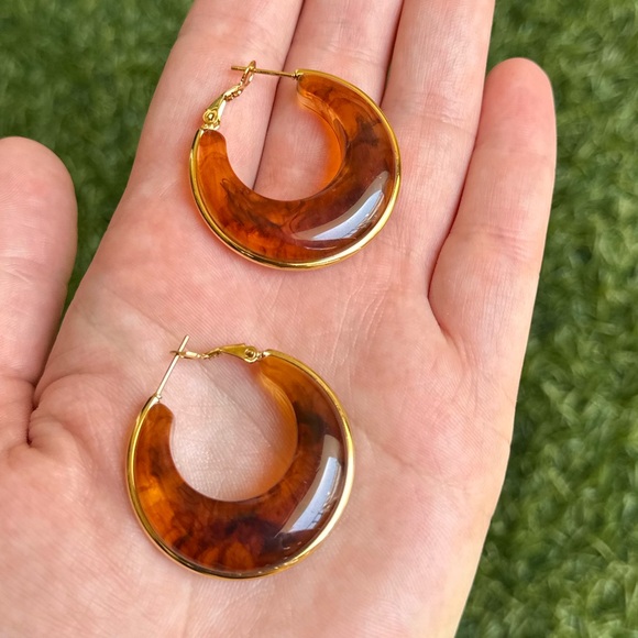 Amber Hoop Earrings | Waterproof Gold Plated Stainless Steel Hoops - Picture 3 of 5